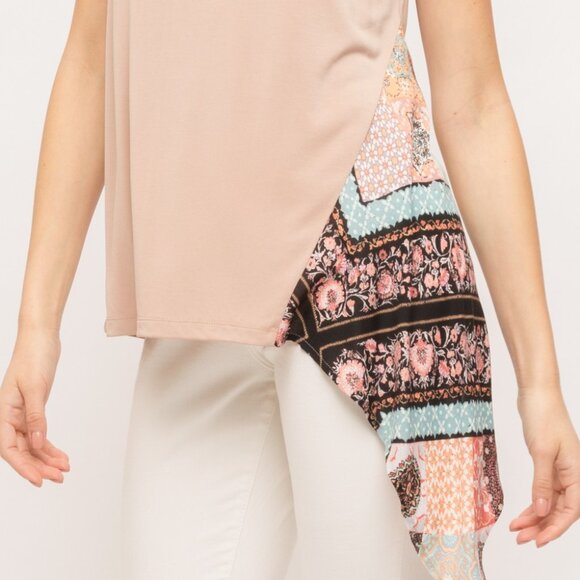 MYSTREE Blush Tank Top with Boho Print Side Panel, Asymmetrical Hem Sleeveless - Picture 7 of 7